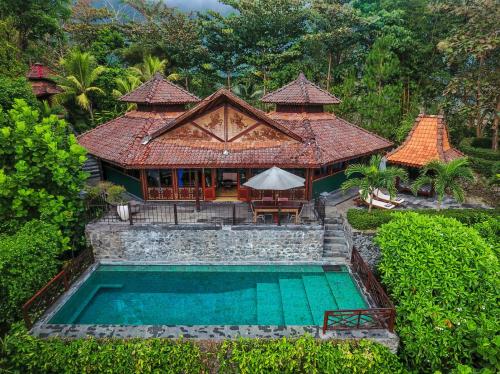婆罗浮屠婆罗浮屠度假村别墅的享有带游泳池的度假村的空中景致