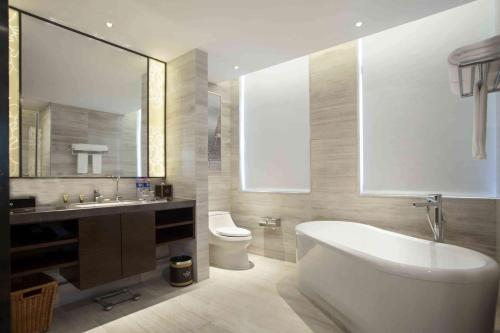 西安西安皇苑华美达广场酒店的带浴缸、卫生间和盥洗盆的浴室