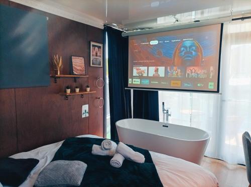 弗雷瑞斯Escale Royale Frejus的一间带电视、浴缸和水槽的浴室