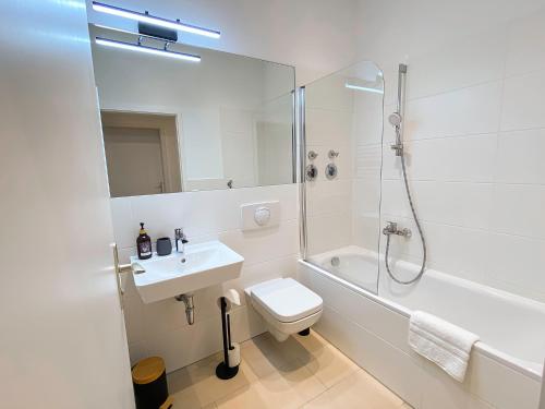 开姆尼茨Business-Apartment - Citynah, WLAN, Drucker, Netflix & Parken的浴室配有卫生间、盥洗盆和淋浴。