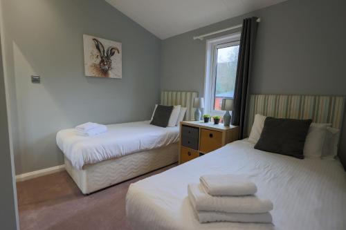 查德利Beautiful Oak Cabin in Devon Finlake Resort Spa的一间卧室设有两张床和窗户。