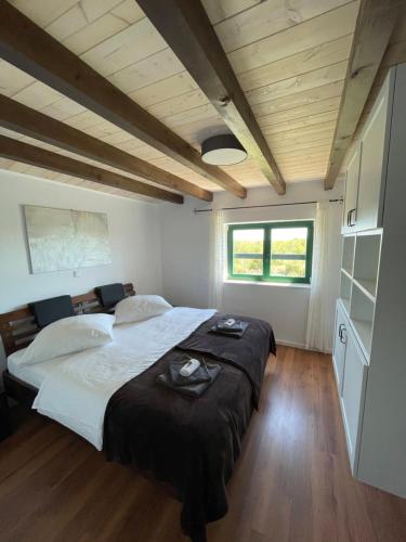 ÐevrskeVilla Maslina Šarić的一间卧室设有两张床和木制天花板