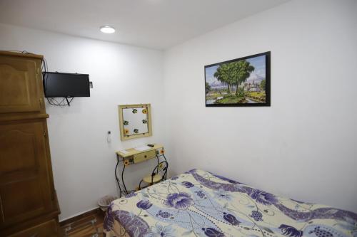 瓜达拉哈拉Hotel Boutique Casa Elefante的卧室配有一张床,墙上挂着一幅画