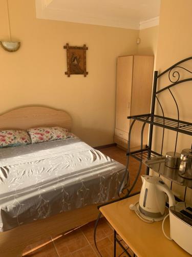 佩雷贝勒Baleau Villas Studio的一间卧室配有一张床和一个铁床架