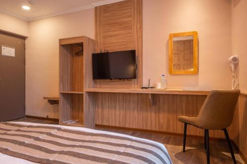 花莲市山水饭店的一间卧室配有一张床、一台电视和一把椅子