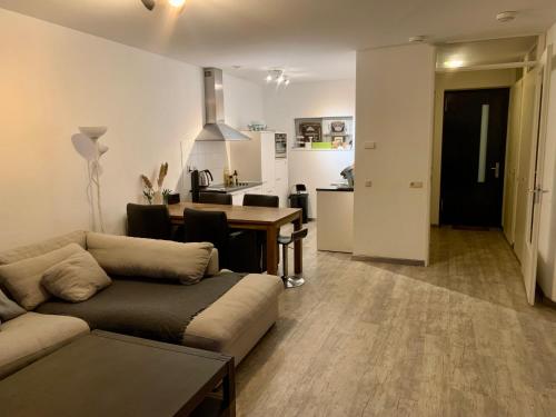 鹿特丹CityView Apartment including parking的带沙发和桌子的客厅以及厨房。