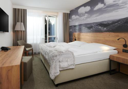 哈拉霍夫斯沃诺斯特健康酒店的卧室配有一张大床,墙上挂有绘画作品