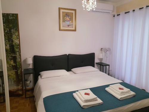 博尔扎诺Appartamento ospitale的卧室配有带毛巾的大型白色床