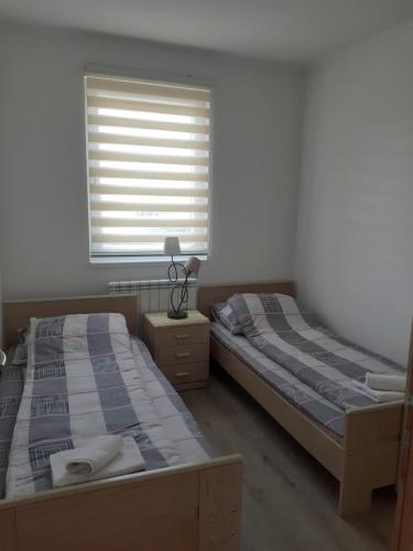 帕莱Apartman Garic的卧室设有两张单人床和窗户。