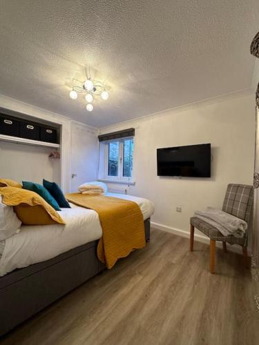 浦耳Sea View Apartment Poole Quay - FREE Parking的一间卧室配有两张床和一台平面电视