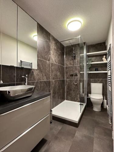 浦耳Sea View Apartment Poole Quay - FREE Parking的带淋浴、盥洗盆和卫生间的浴室