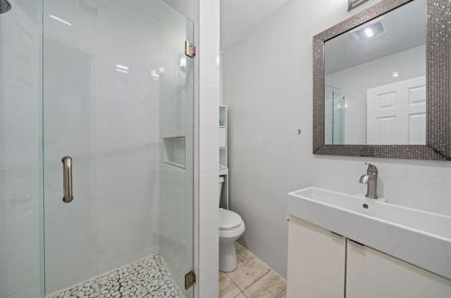 沃思湖Capri Inn & Apartments的一间带卫生间、水槽和镜子的浴室