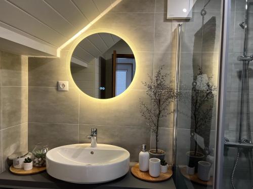 利耶帕亚Nicas guest house的一间带水槽和镜子的浴室