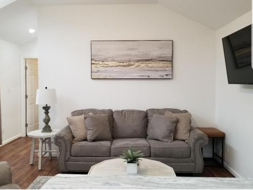 凤凰城Tiny home rentals near Ft Moore的客厅配有沙发和墙上的绘画