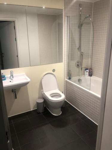 曼彻斯特Luxury apartment stunning views的浴室配有卫生间、盥洗盆和淋浴。