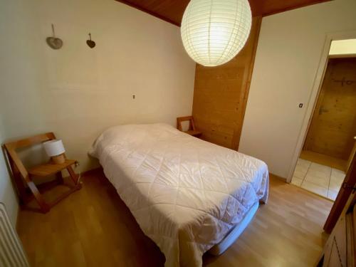 拉克吕萨Appartement La Clusaz, 4 pièces, 6 personnes - FR-1-459-99的一间卧室配有一张床、一盏灯和一把椅子