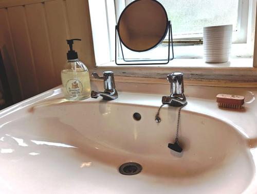 Parbold'Mill Cottage' Parbold的浴室设有水槽、镜子和窗户