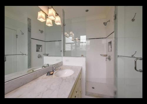 旧金山Big Lux Home w/Beaches, Golden Gate Park & Bridge.的一间带水槽、淋浴和镜子的浴室