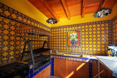 库埃纳瓦卡Ex Hacienda Santa Cecilia的厨房拥有黄色和蓝色的瓷砖墙壁