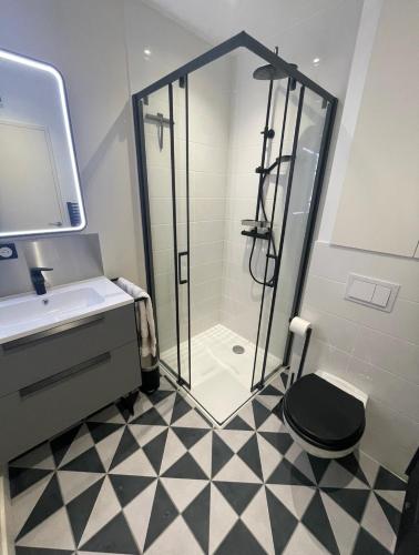 多梅讷Chambre atypique的带淋浴、盥洗盆和卫生间的浴室
