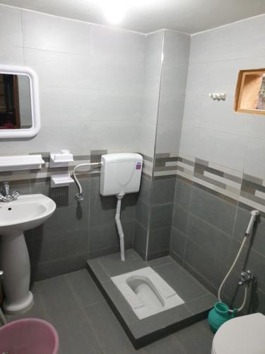 穆扎法拉巴德Kashmir lodge的一间带卫生间和水槽的浴室