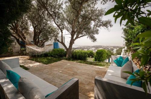 西迪·布·赛义德La Villa Des Oliviers的庭院内一张带吊床的白色沙发