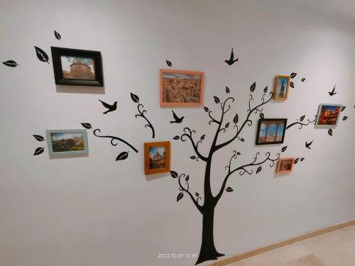 特鲁埃尔Tirwal Suite Judería的墙上有照片和鸟的树