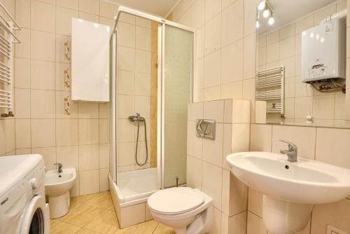 克雷尼察Art Apartament Krynica Zdrój Centrum的浴室配有卫生间、盥洗盆和淋浴。