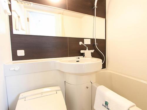 东京HOTEL LiVEMAX Asakusabashi-Ekimae的一间带水槽、卫生间和镜子的浴室