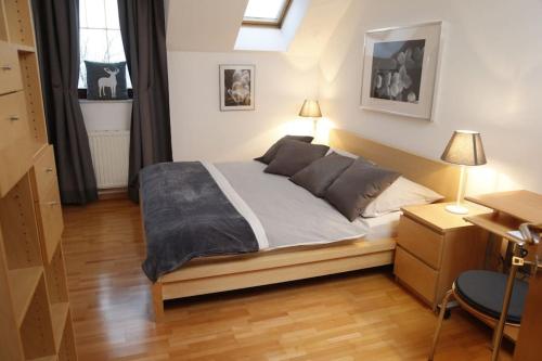 特赖斯基兴Traumhaft großes, sonniges Haus in Wien Nähe的一间卧室配有一张床和一张带两盏灯的书桌。