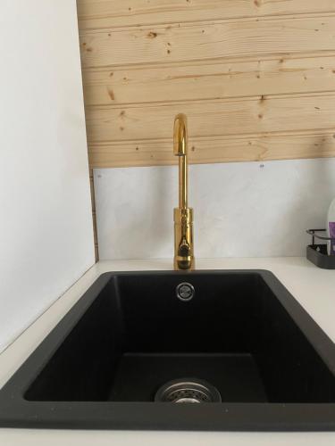 于韦斯屈莱Mokki kesämökki的黑色厨房水槽,配有金色水龙头