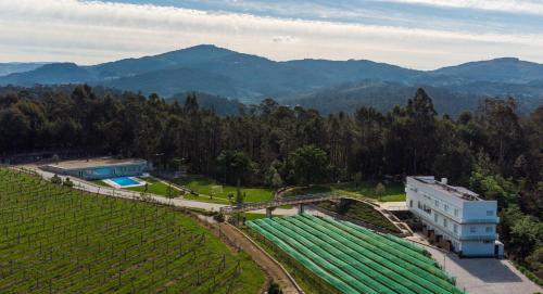 阿马里什Funileiro, apartamentos e quartos的享有葡萄园的空中景致,设有一座建筑和山脉