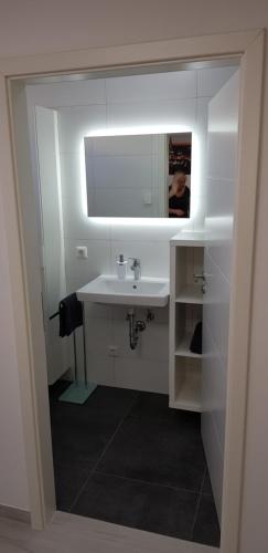 埃尔夫特施塔特Klein und fein的一间带水槽和镜子的浴室