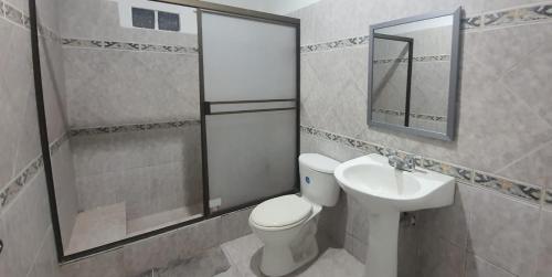 瓜亚基尔Albo home的一间带卫生间和水槽的浴室