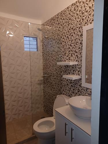 拉斯特拉纳斯Doña Mayra Aparta Hotel的浴室配有卫生间、盥洗盆和淋浴。