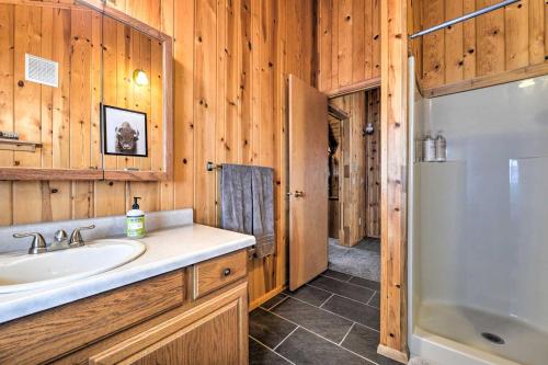 ThayneStar Valley Ranch Cabin Getaway Hot Tub!的浴室配有水槽、淋浴和浴缸。