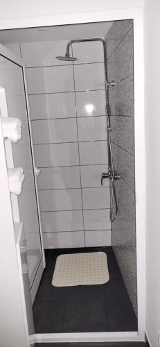 丰沙尔Casa Violeta的浴室里设有玻璃门淋浴