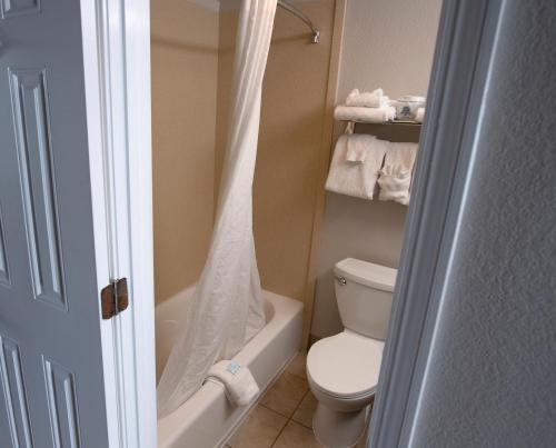 默特尔比奇水族海滩酒店 的一间带卫生间和淋浴帘的浴室
