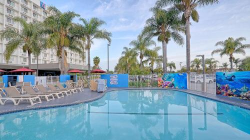 英格尔伍德洛杉矶LAX6号汽车旅馆的一座游泳池,里面种有椅子和棕榈树