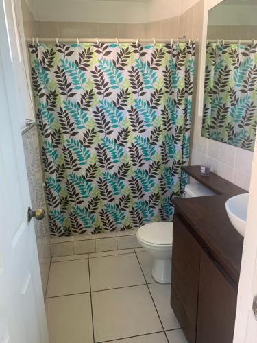 圣萨尔瓦多MonBlanc的浴室配有带卫生间的淋浴帘