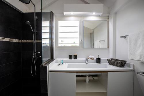 圣马丁岛Modern Beach Villa 1150的白色的浴室设有水槽和淋浴。