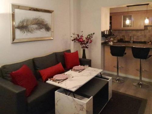 布宜诺斯艾利斯Smart Design Home - Buenos Aires的客厅配有沙发和带红色枕头的桌子