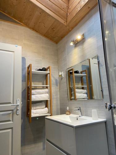 普佐日Le petit moulin的浴室配有盥洗盆、镜子和毛巾