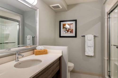 弗雷德里克顿Quality Inn Amsterdam Fredericton的一间带水槽、卫生间和镜子的浴室
