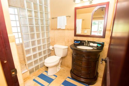 西湾Oceanfront Coral View Home的一间带卫生间、水槽和镜子的浴室