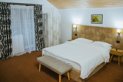 瓦特拉多尔内Domeniul CRIS Vatra Dornei的卧室设有一张白色大床和一扇窗户。