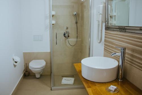 瓦特拉多尔内Domeniul CRIS Vatra Dornei的带淋浴、盥洗盆和卫生间的浴室