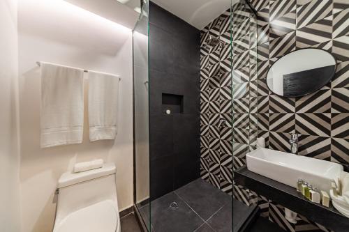 墨西哥城Casa Nou的一间带卫生间、水槽和镜子的浴室