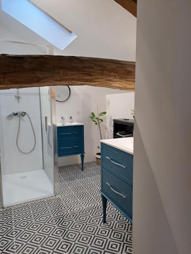 Odeillo-ViaLe Grenier des Moineaux的一间配备有蓝色橱柜和淋浴的浴室