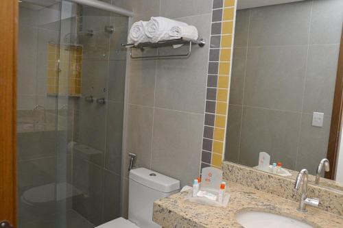 奥林匹亚Enjoy Resort em frente Thermas até 5 pessoas的带淋浴、卫生间和盥洗盆的浴室